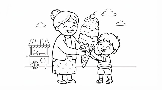 Happy grandmother giving a giant ice cream cone to a cute little boy coloring page