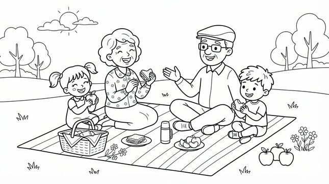 Happy grandparents and grandchildren having a fun picnic in the park coloring page