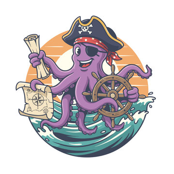 Cheerful cartoon pirate octopus with an eye patch and hat, holding a steering wheel and treasure map on ocean waves with a sunset.