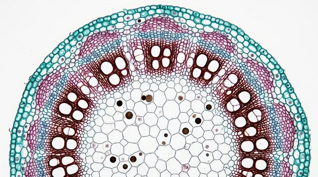 Microscopic Cross Section of a Dicot Plant Stem Showing Detailed Vascular Bundles and Cellular Structure