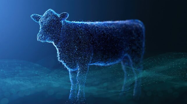 Luminous dairy cow silhouette made of digital particles for livestock health technology