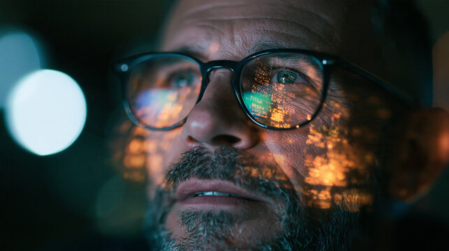 Mature Programmer Working Late with Screen Reflected in Glasses