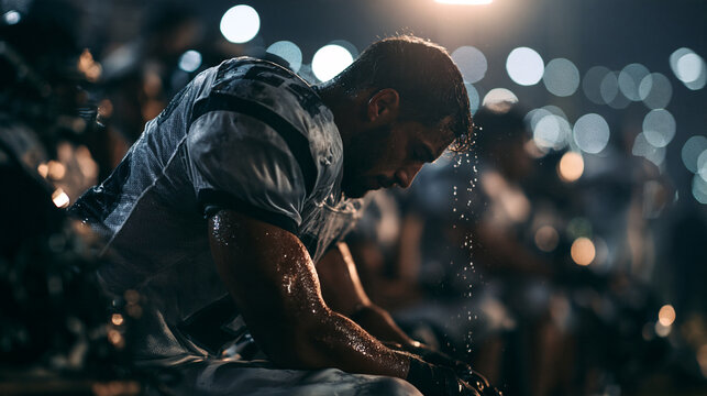 Exhausted Football Player Sitting on Bench at Night
