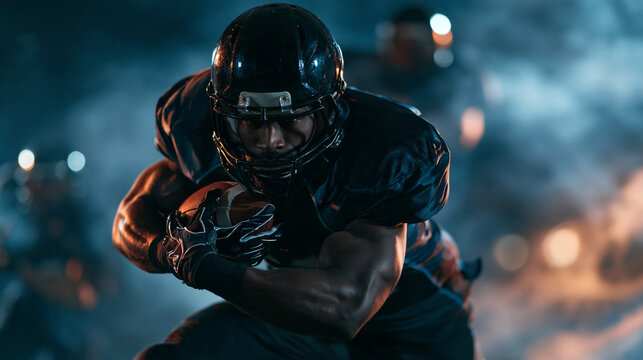 American Football Player Running with Ball During Night Game