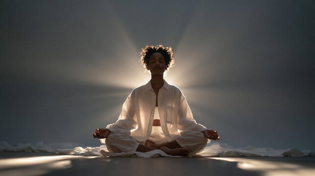 Serene Woman Meditating in Lotus Pose with Backlight