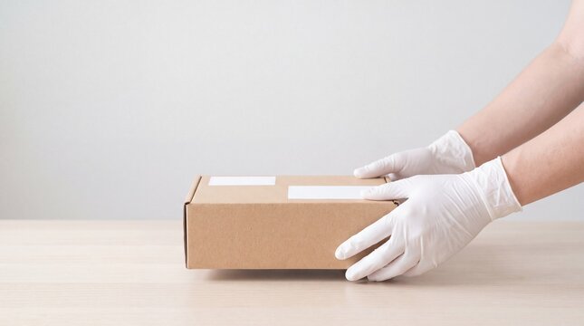 Person wearing white protective gloves holding a cardboard box on a wooden surface