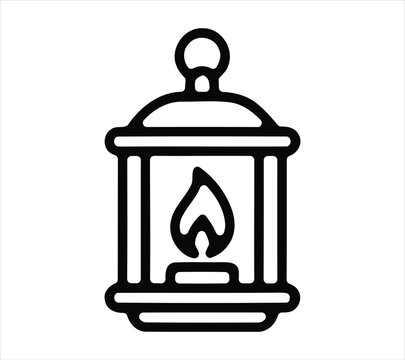 Vintage kerosene lantern with glowing flame in simple black line art style
