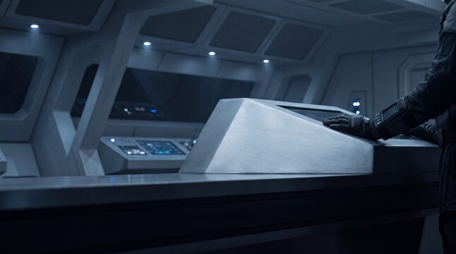 Person with gloved hands operating a futuristic metallic control panel in a cockpit