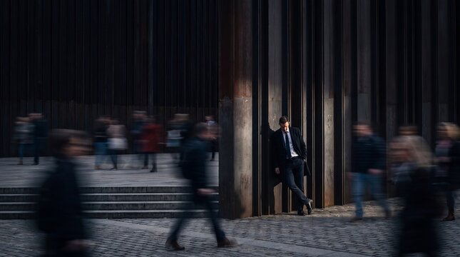Businessman Leaning on Wall in Blurred Crowded City Street