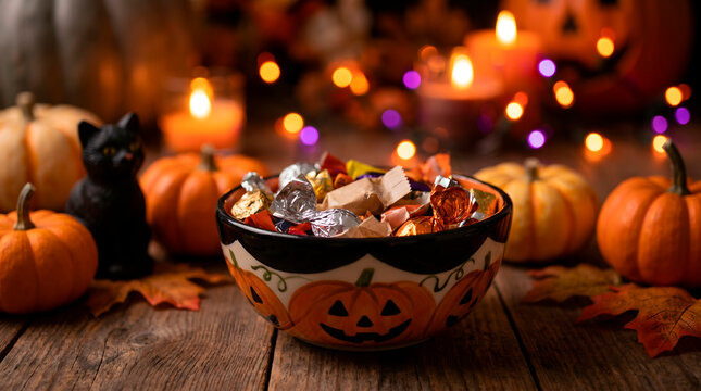 Ceramic Halloween candy bowl filled with assorted treats on a rustic wooden table with pumpkins