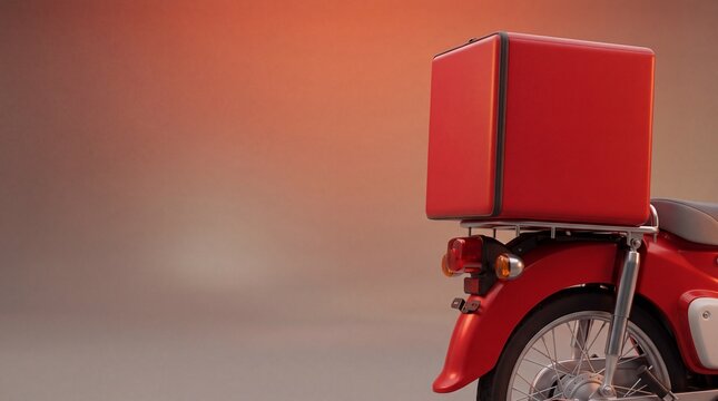 Rear view of a red delivery scooter with a large square cargo box on a soft gradient background