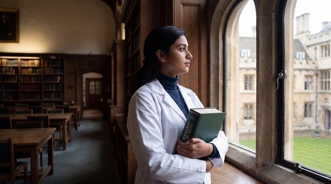 international medical studies, a focused south asian female medical student in a lab coat contemplates by a library window
