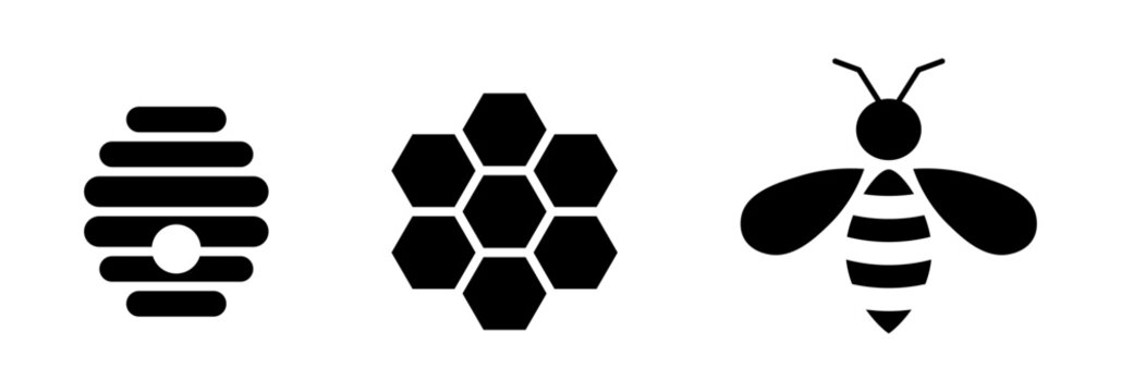 Bee, honeycomb and beehive icon set