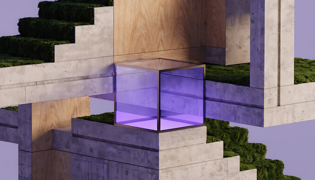 Surreal architectural composition with concrete stairs and glowing purple glass cube