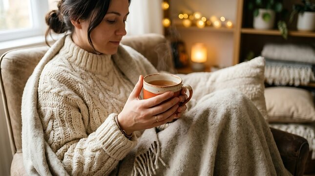 A cozy young woman holding a steaming mug in a soft knitted blanket at home. Perfect lifestyle image for comfort and mental wellness advertisements.
