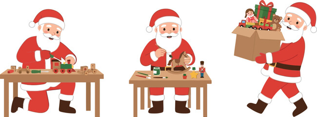 Naklejka premium A festive collection of three cute Santa Claus illustrations showing him busy building wooden trains, painting rocking horses, and carrying a large box of toys.