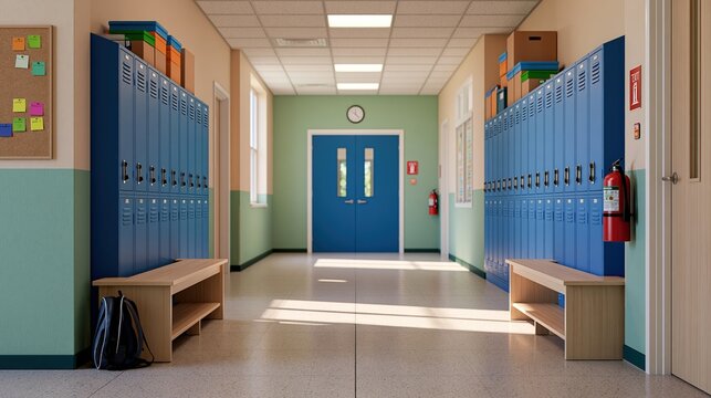 School hallway prepared for reopening with lockers, benches, and supply boxes