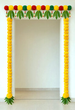 Traditional Indian door decoration with vibrant marigold garlands and green leaves for festive occasions
