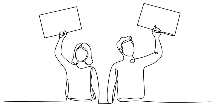 Protesters holding blank signs in continuous line drawing style for social activism campaign and public demonstration protest design layout.