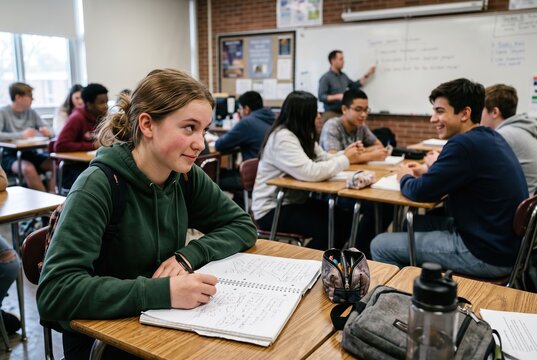 A group of teenagers sits at desks in a classroom. Some are focused on notebooks while others chat and share laughs. A teacher stands at the front giving instructions