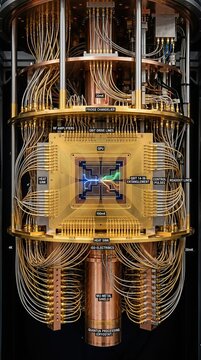 Quantum computer, advanced processing device featuring intricate laboratory infrastructure, revealing complex cryogenic technology, superconducting processor, qubit drive lines.