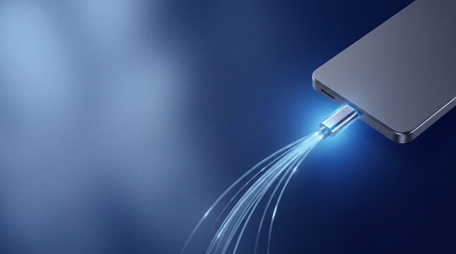 Smartphone charging with a cable emitting glowing blue light fiber optic effect plug