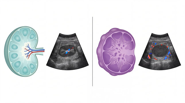 Lymph node ultrasound comparison diagram showing normal and pathological structures alongside color Doppler sonography scans for medical oncology education and diagnostic study