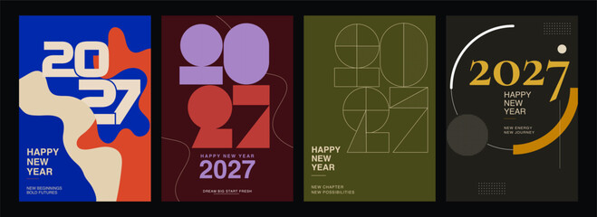 Set of four creative happy new year 2027 greeting card designs with abstract geometric shapes, modern typography, and vibrant color palettes in blue, dark purple, olive green, and black © Mst