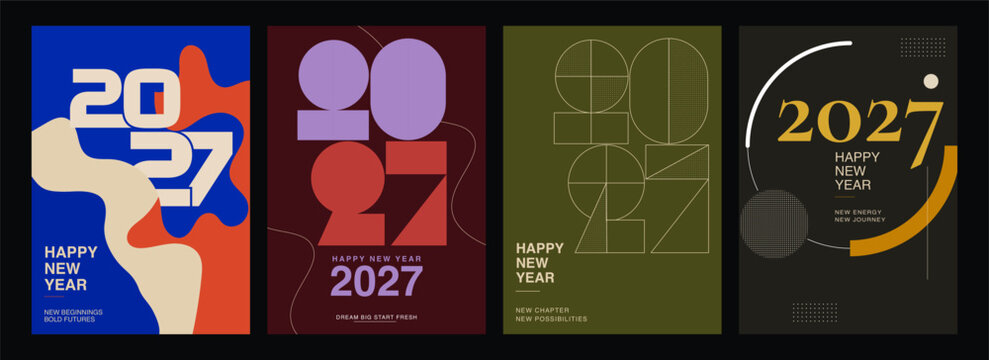 Set of four creative happy new year 2027 greeting card designs with abstract geometric shapes, modern typography, and vibrant color palettes in blue, dark purple, olive green, and black