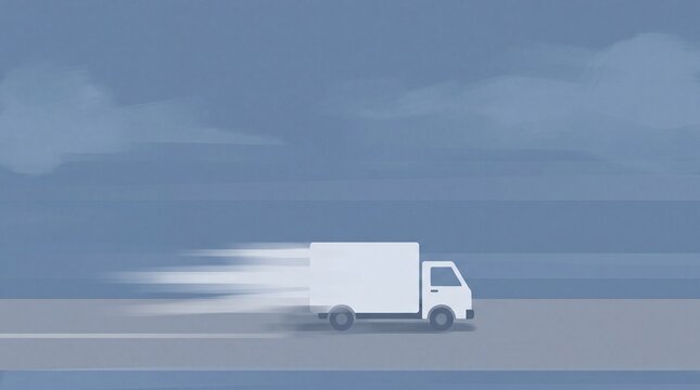 White delivery truck driving fast on a road with motion blur effect and cloudy sky