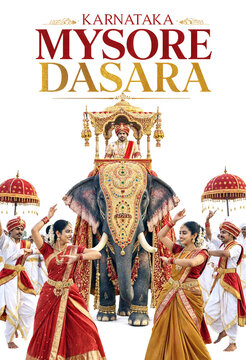 Traditional Karnataka Mysore Dasara festival celebration with decorated elephant and dancers in colorful attire