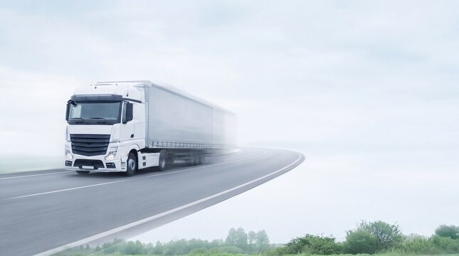 White semi truck moving along a curved road in a foggy environment with motion blur effect applied