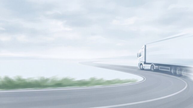 White semi truck driving on a curved road in a misty landscape with a soft light effect applied