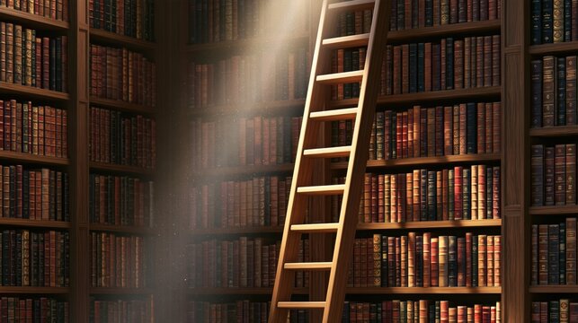 Old library with a ladder reaching towards dusty sunbeams illuminating ancient books