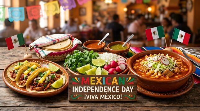 Traditional mexican food feast with tacos and soup for independence day