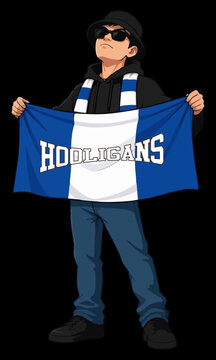 A man football fans holding hooligans flag logo mascot vector illustration 