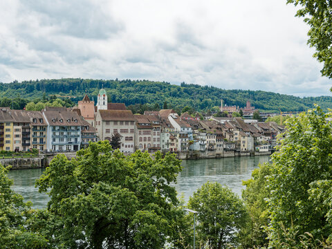 Rheinfelden (Aargau) on the left bank of Rhine in Swiss. View on old town, St. Martin's Church until Feldschl&ouml;sschen Brewery from Adelberg on the right bank of Rheinfelden (Baden) in Germany