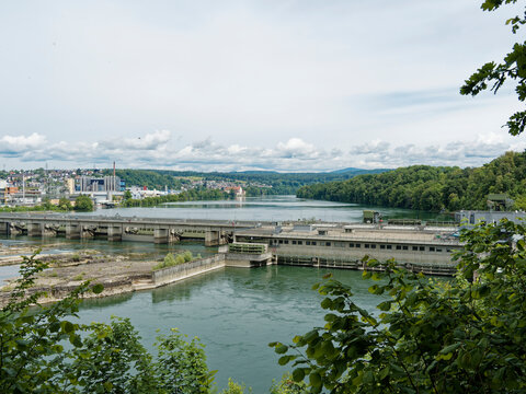 Overview  from 'Alte Saline' point of view to Rheinfelden Hydroelectric Power Station on the Upper Rhine between the two opposite towns of Rheinfelden between Switzerland and German Rhine banks