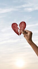 Fototapeta premium Hand holding a crumbling broken heart against sky