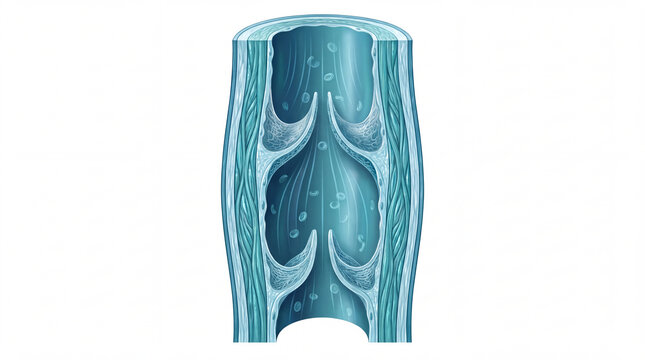 Venous valve inside vein cross section shown with detailed vessel walls and blood flow in medical illustration style on a white background for vascular anatomy education