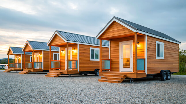 Row Of Modern Tiny Wooden Houses On Wheels With Illuminated Porches At Dusk