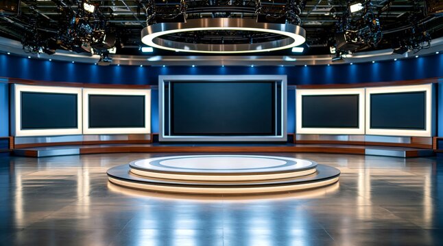 Modern Virtual Tv Studio With Multiple Screens And A Central Circular Platform