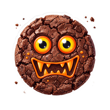 A cute monster cookie character with glowing yellow eyes and sharp fangs depicted as a funny and whimsical Halloween snack food illustration