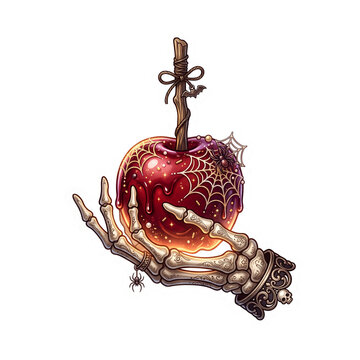 Intricate digital illustration featuring a sinister skeleton hand holding a glistening poisoned apple decorated with cobwebs for a spooky holiday.