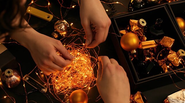 Hands untangling warm orange fairy lights for holiday decoration preparation