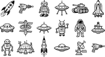 Retro science fiction space elements set featuring retro robots flying saucers astronaut blaster guns and research stations © MDDELOAR