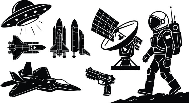 Sci fi space exploration black silhouette graphics set featuring astronaut walking ufo saucer jet planes booster rocket and weapon