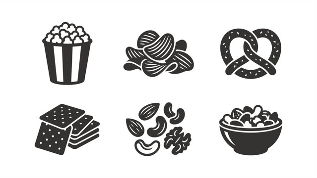 Assorted snack icons set: popcorn, chips, pretzels, crackers, mixed nuts, and a bowl of snacks. Flat vector illustration EPS 10.