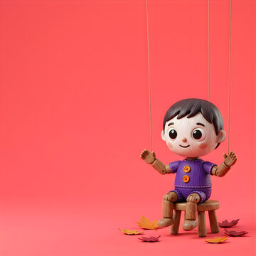 Wooden puppet boy with autumn leaves on vibrant coral background