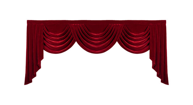 Red velvet theater curtains drapery with elegant swags and pelmet for stage design backdrop.